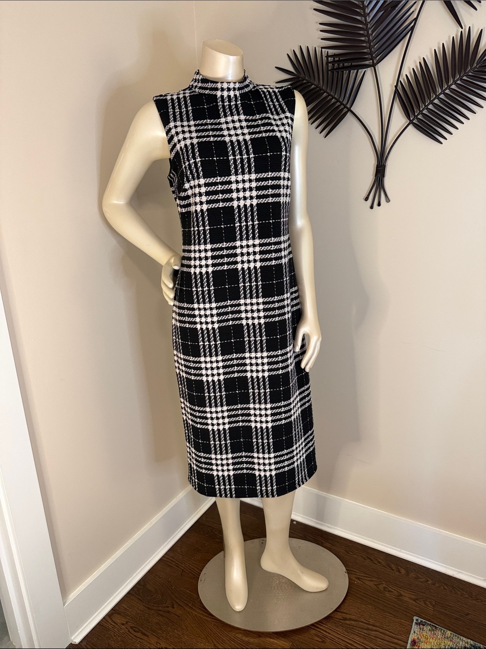 Sleeveless Black & White Plaid Midi Dress with Mock Neck